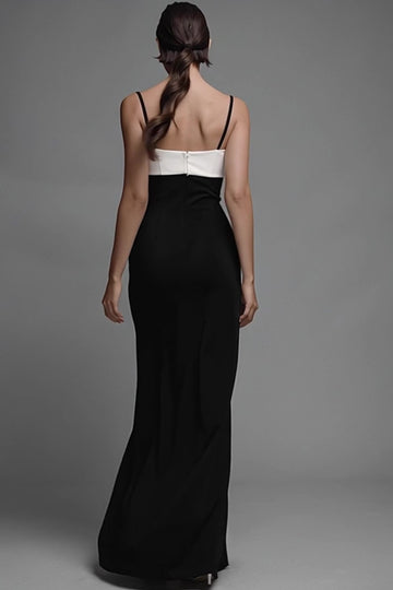 Sheath Black and White Long Bowed Formal Dress With Slit